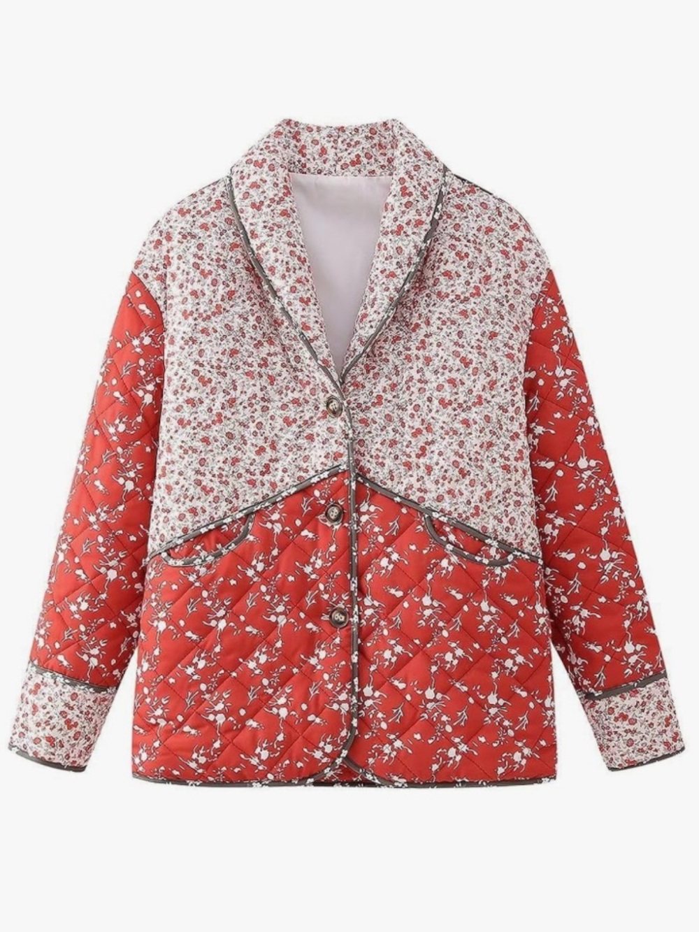 Quilted Floral Contrast Jacket - Red
